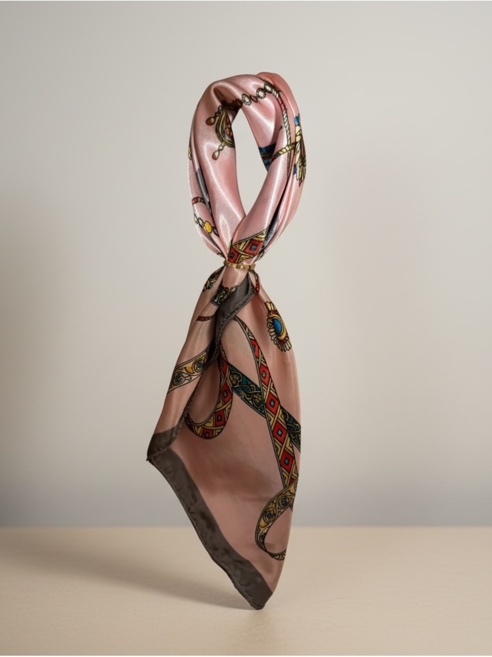 Silky Pink Patterned Women's Scarf with Ornamental Print for bags